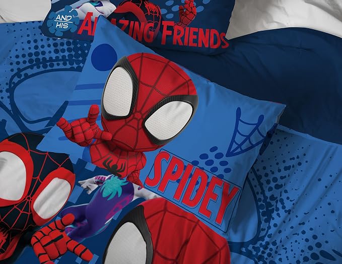 Jay Franco Kids Sheet Set with Fitted, Flat Sheets & Pillow Cover - Ultra-Soft Bedding with Pillowcase for Room Decor, White - Spidey & Friends, 4 Piece Full