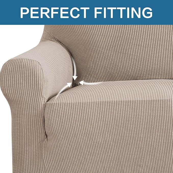 H.VERSAILTEX Stretch Couch Covers for Sofa 1 Piece Slipcovers for Couches and Sofas 3 Seater Couch Cover Feature Thick Checked Jacquard Fabric with Elastic Bottom(Large Sofa 90"-100" Wide, Sand)
