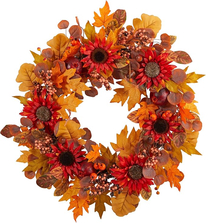 Nearly Natural 30 in Artificial Fall Sunflower Wreath for Front Door Decor | Harvest Acorn and Berries, Autumn Foliage Accents, Perfect for a Bare Wall or Door, Festive Fall Feel