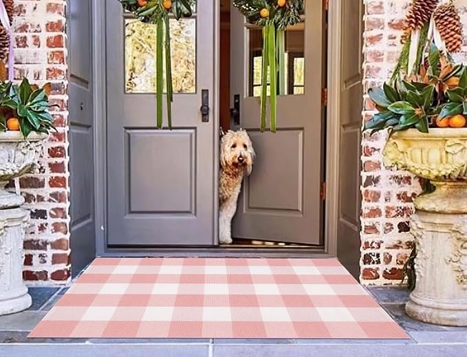 Pink and White Outdoor Rug 27.5''x 43.3''Buffalo Plaid Layered Doormat Woven Machine Washable Farmhouse Door Mats Outdoor for Hello/Welcome Mat,Entryway,Bedroom,Patio