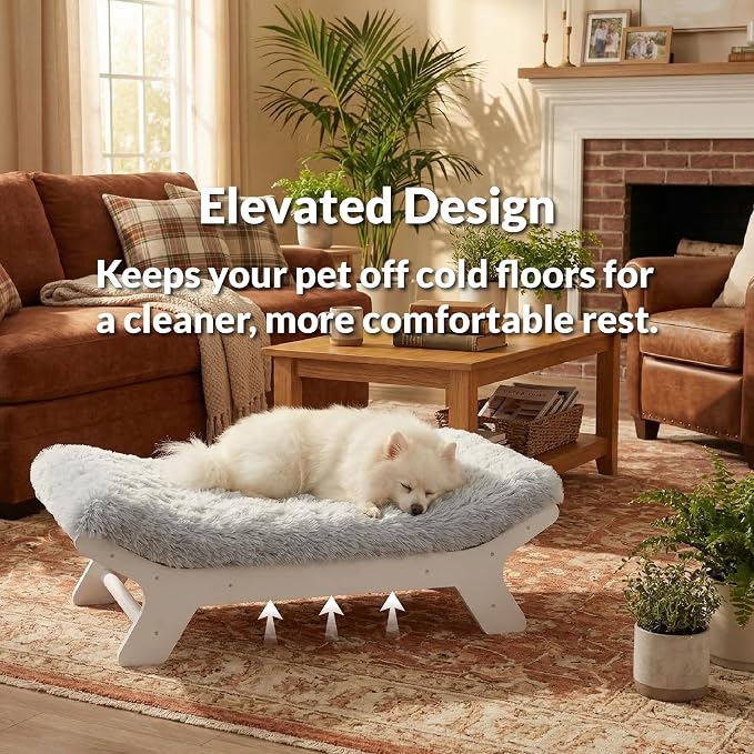 Muihood Elevated Wooden Dog Bed with Foam Mattress, Natural Wood, Large | Raised Dog Bed with Washable Cover, Supportive Foam Mattress, Perfect for Large Dogs and Indoor Living