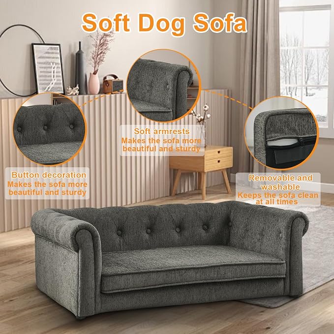 Dog Sofa for Small & Medium Dogs | Removable & Washable | No Assembly Required | Breathable Linen Fabric | Soft Foam |Floor-friendly sofa legs | Dark grey