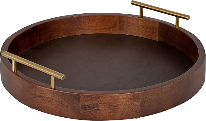Kate and Laurel Lipton Modern Round Tray, 18", Dark Walnut and Gold, Decorative Accent Tray for Storage and Display