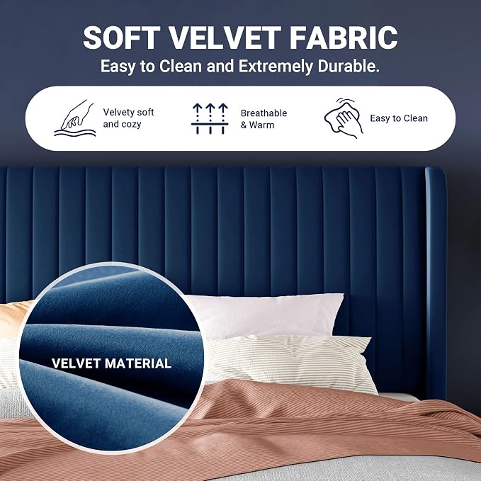 Allewie Full Size Velvet Bed Frame/Vertical Channel Tufted Wingback Headboard/Upholstered Platform Bed/Strong Wooden Slats/No Box Spring Needed/Easy Assembly/Blue