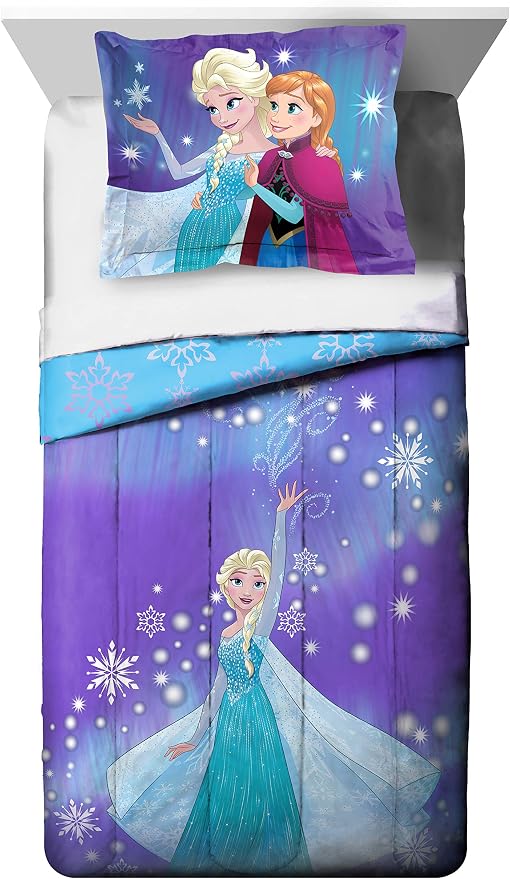 Disney Frozen 'Magical Winter' 5 Piece Twin Bed Set | Bed in a Bag, Comforter Sheets Sham Pillowcase, Official Brand, Soft Microfiber, Machine Washable, Easy Care, Girls Gift