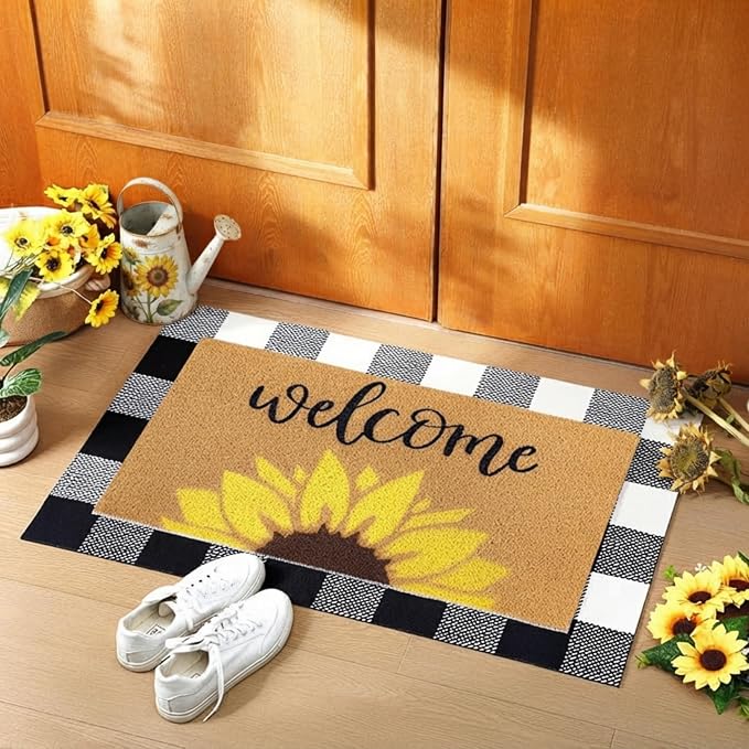 Tinideya 2 Pcs Summer Door Mat Sunflower Welcome Non Slip Coir Mats Floral Buffalo Plaid Floor Layering Doormats for Home Front Door Porch Entryway Decor