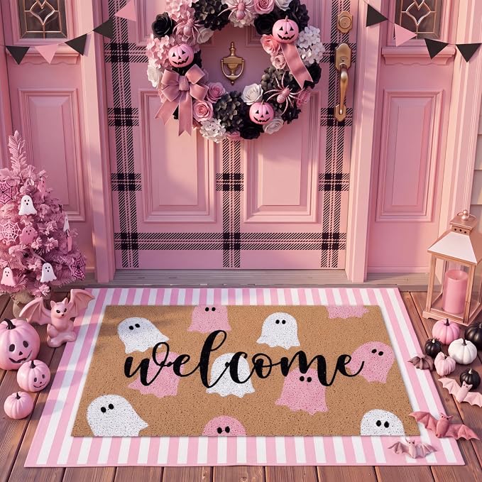 Tinideya 2 Pcs Pink Halloween Welcome Mats for Front Door, Cute Ghost Coir Doormat with Pink White Striped Rug, Layered Doormat Set for Front Porch Entryway Outdoor Fall Decor