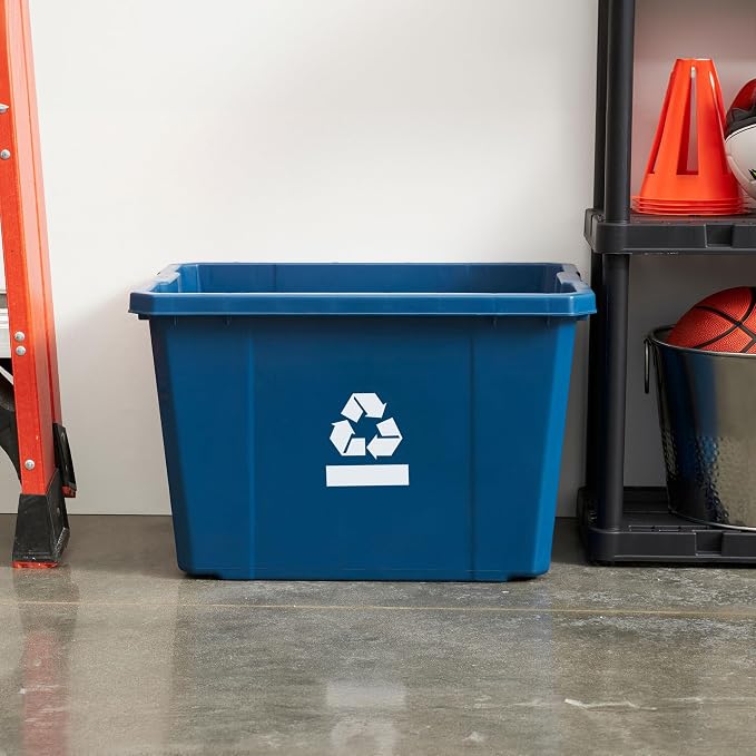 Gracious Living Medium Curbside Blue Box, Plastic 17 Gallon/64 Litre Home Trash Can Refuse and Recycling Bin Container with Built-in Handles (1 Pack)