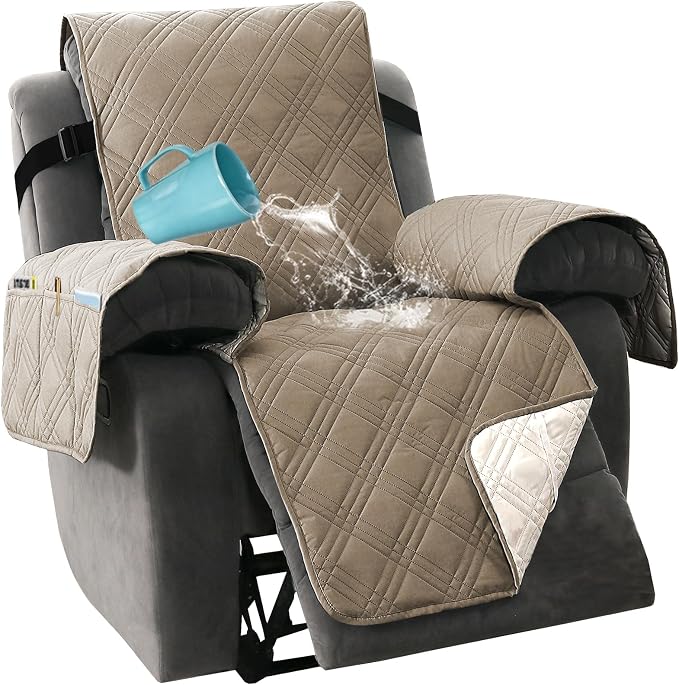 H.VERSAILTEX 100% Waterproof Cover for Recliner Chair 1-Piece Reversible Recliner Covers for Large Recliner with Elastic Straps Sitting Width Up to 28" (Oversized Recliner, Taupe/Beige)