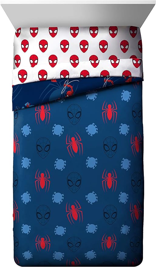 Marvel Spiderman Full Size Comforter Set 5 Piece Kids Bedding, Blue | Bed in a Bag, Comforter Sheets Pillowcases, Official Product, Soft Microfiber, Machine Washable, Easy Care, Boys Gift
