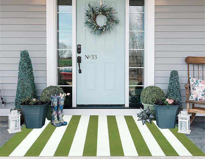 3'x5'Outdoor Rug,Striped Cotton Woven Washable Front Porch Rug Green and White Farmhouse Entry Rug Indoor Outdoor Area Rug for Porch/Home Entrace Decor/Bedroom/Layered Door Mats