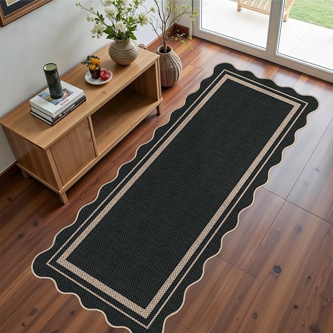 Easy Jute Runner Rug 2x5, Black Indoor Outdoor Carpet, Washable Non-Slip Floor Mat for Entryway Hallway Kitchen Porch