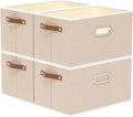 Yawinhe Foldable Storage Baskets for Shelves,16.9x11.8x10.2in,Beige,4-Pack | Collapsible Storage Bins for Towels, Container with Leather Handle for Organization, Fabric Rectangle Boxes for Home