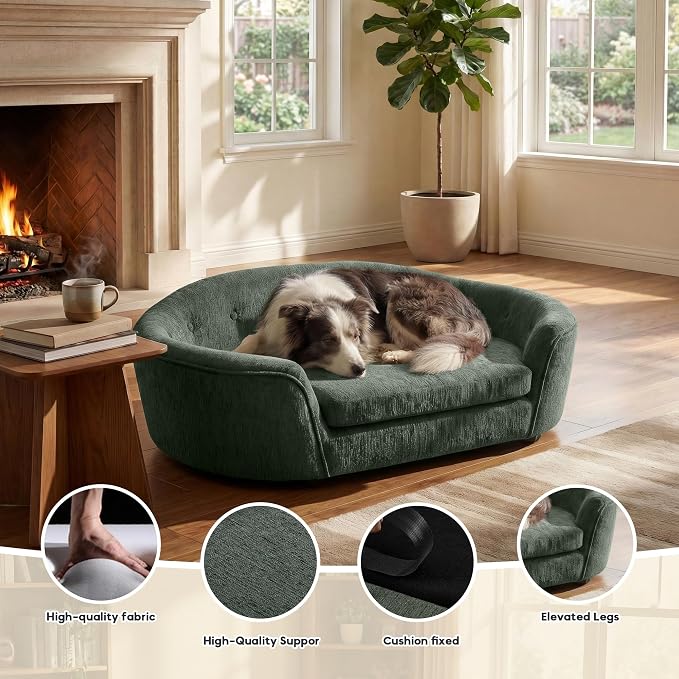 Dog Couch Bed with Oval Semi-Enclosed, Durable Linen Material Pet Sofa with Soft Foam Cushion, Dog Sofa Bed with Legs for Medium Dogs, Green