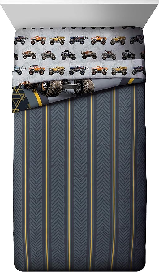 Jay franco Monster Jam MJ Life 4 Piece Twin Bed Set-Includes Reversible Comforter&Sheet Set-Bedding Features Grave Digger, Max-D, Megalodon-Super Soft Microfiber-(Official Monster Jam Product) | Grave Digger Megalodon, Bed in a Bag, Comforter Sheets Pi...