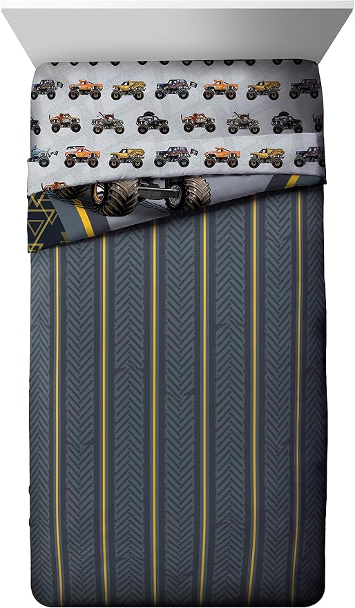 Jay franco Monster Jam MJ Life 5 Piece Full Bed Set-Includes Reversible Comforter&Sheet Set-Bedding Features Grave Digger, Max-D, Megalodon-Super Soft Microfiber-(Official Monster Jam Product) | Grave Digger Megalodon, Bed in a Bag, Comforter Sheets Pi...