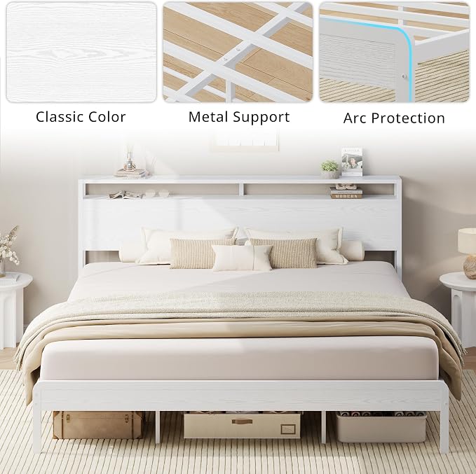 LIKIMIO California King Bed Frames with 2-Tier Storage Shelf Headboard | Wood Platform Bed, Camas California King with Strong Metal Supports, Sturdy, Noise-Free, No Box Spring Needed, White