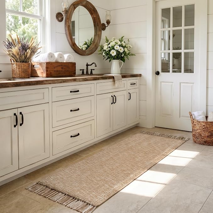 Collive 2' x 6' Kitchen Runner Rug, Modern Farmhouse Washable Bathroom Mat, Boho Hand-Woven Hallway Runner Rugs Tan Reversible Bedroom Carpet for Laundry Entryway Home Decor
