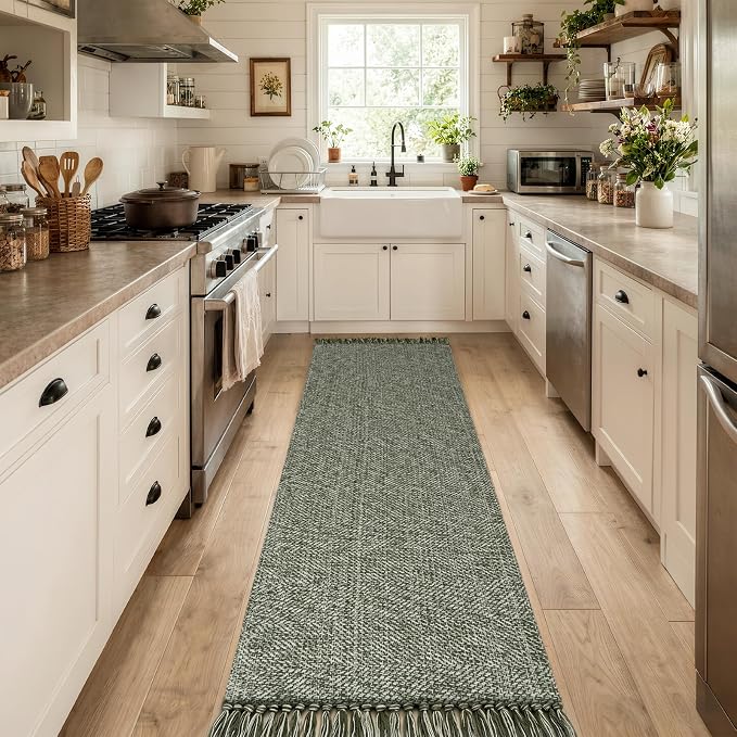 Collive Sage Green Kitchen Runner Rug, 2.6' x 12' Washable Modern Farmhouse Bathroom Runner Rugs, Boho Hand-Woven Entryway Runner Rug Reversible Hallway Carpet for Laundry Bedroom Front Door Decor