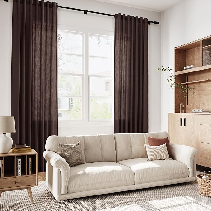 Coffee Brown Linen Curtains for Living Room 126 Inches Long Light Filtering Semi Sheer Curtain Back Tab Modern Rustic Home Decor Neutral Drapes Floor to Ceiling High Window for Bedroom 52x126,2 Panels