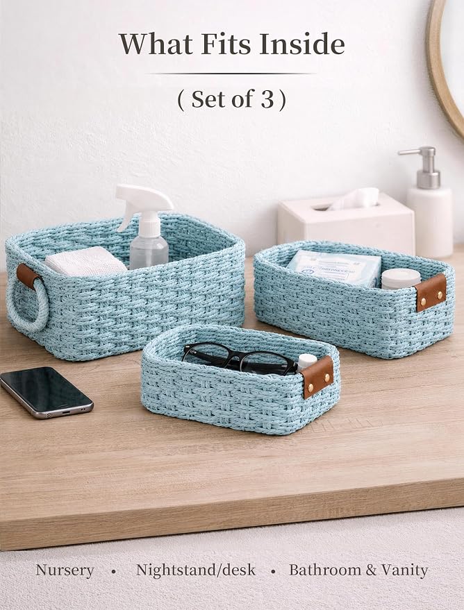 Small Wicker Baskets, 3 PCS Paper Rope Baskets for Shelves, Light | Recycled Small Baskets, 3 Sizes Woven Baskets for Organizing, Decorative Storage Baskets for Bedroom and Bathroom