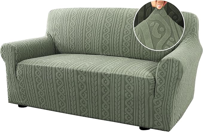H.VERSAILTEX Couch Covers for 2 Cushion Sofa 1 Piece Stretch Loveseat Slipcover Pet Dog Universal Slip Cover Love Seat Covers Upgrade Thick Jacquard Fabric with Spiral Pattern(58"-70", Sea Grass)