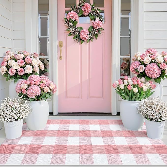 OLANLY Buffalo Plaid Rug 3' x 5' – Pink and White Cotton Checkered Doormat, Washable Indoor Outdoor Rug for Layered Front Porch, Kitchen, Entryway Decor
