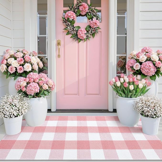 OLANLY Buffalo Plaid Rug 2' x 3' (24" x 36") – Pink and White Cotton Checkered Doormat, Washable Indoor Outdoor Rug for Layered Front Porch, Kitchen, Entryway Decor