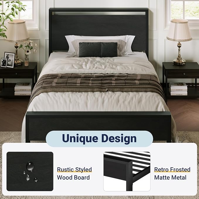 Allewie Twin Size Bed Frame, Heavy Duty 12 Metal Slats Support, Black Oak | Wooden Headboard and Footboard, Modern Platform Bed, No Box Spring Needed, Under-Bed Storage, Noise Free, Easy Assembly