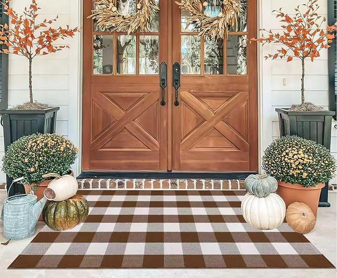 Fall Outdoor Rug 3'x5',Halloween Front Porch Rug Cotton Woven Washable Farmhouse Checkered Area Rug,Layering Rug for Hello/Welcome Door Mat Front Porch Decor