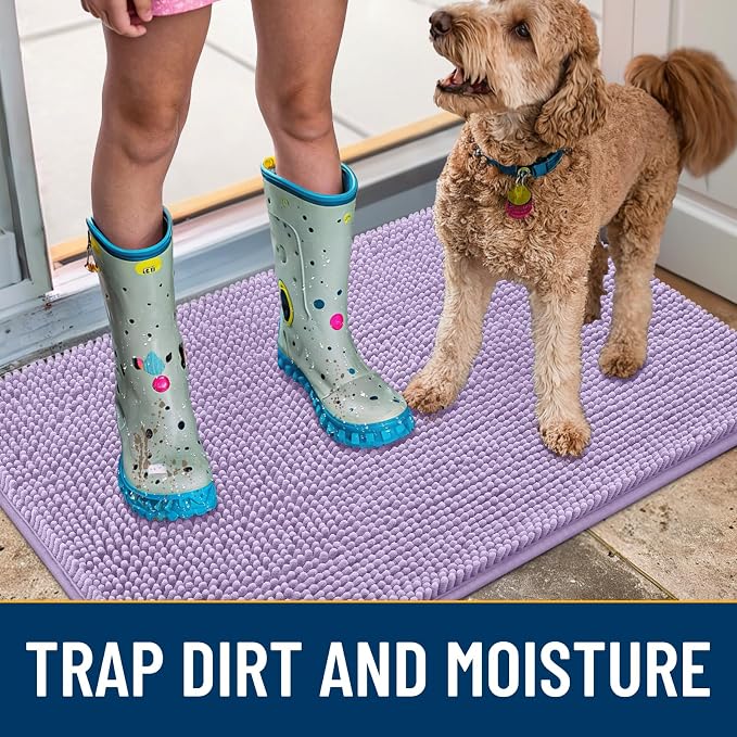 Smiry Dog Door Mat for Muddy Paws 30x20, Absorbent Dirt Trapper, Non-Slip Washable Chenille Entryway Rug for Inside Floor, Lavender, Classic Solid