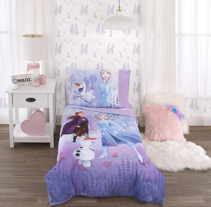 Disney Frozen 2 Lavender, Light Blue and Purple Forest Spirit 4 Piece Toddler Bed Set - Comforter, Fitted Bottom Sheet, Flat Top Sheet, Reversible Pillowcase