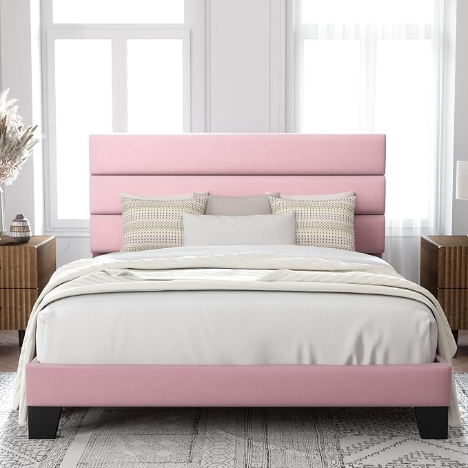 Allewie Full Size Platform Bed Frame with Velvet Upholstered Headboard Pink | Wooden Slats Support, Fully Upholstered Mattress Foundation, No Box Spring Needed, Easy Assembly, Noise-Free, Pink