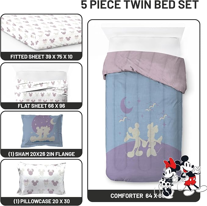 Disney Mickey and Minnie Mouse Twin Comforter Set 5 Piece Bedding, Grey | Bed in a Bag, Comforter Sheets Sham Pillowcase, Official Product, Soft Microfiber, Machine Washable, Easy Care, Kids Gift