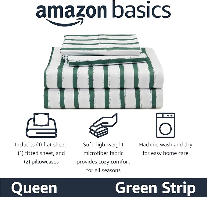 Amazon Basics Microfiber Kids' Sheet Set with 2 Pillowcases, 4-Piece, Green Stripes, Queen