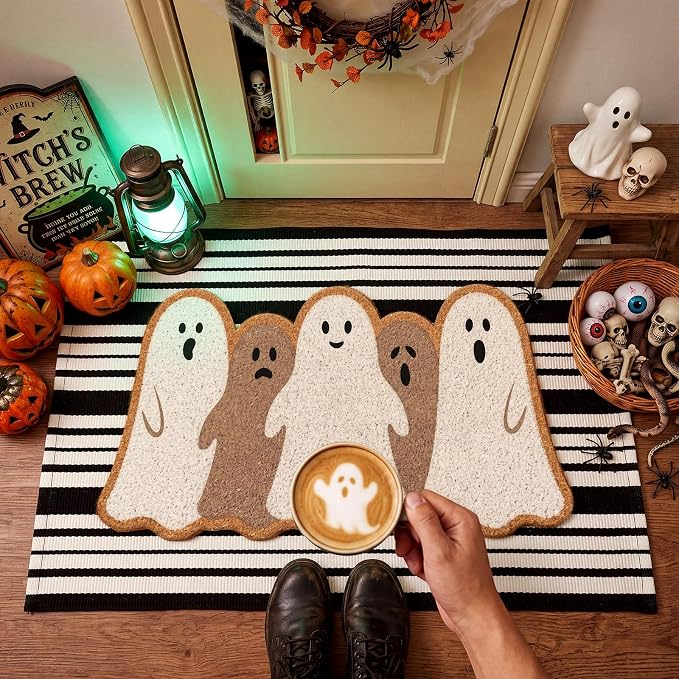 Moucuny 2 Pcs Halloween Coir Doormat Outdoor Ghost Welcome Mat with Black and White Stripe Area Rug Halloween Outdoor Doormat for Front Door Porch Entryway Decor, 16'' x 28'', 24'' x 35''