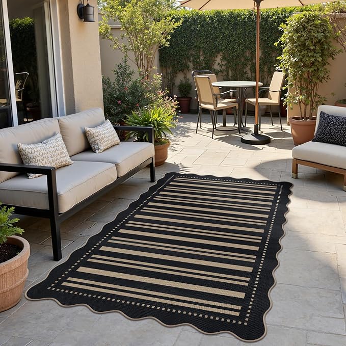 Striped Easy Jute 4x6 Outdoor Patio Rug, Washable Indoor Outdoor Black Kitchen Rugs Farmhouse Neutral Non Slip Area Rug for Living Room Backyard Bedroom