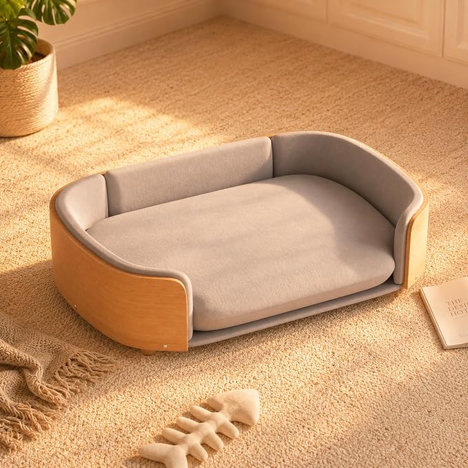 Pet Sofa Bed for Small Medium Dogs Cats, Removable Washable Plush Cushion Elevated Anti-Slip Durable Pet Couch Lounge Furniture for Living Room Bedroom (Light Gray, Large)