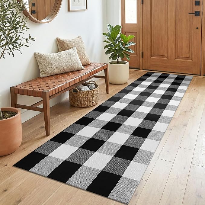 KOZYFLY Buffalo Plaid Rugs 2x6 Ft Runner Rug for Hallway Washable Woven Cotton Kitchen Runner Rug for Entryway Bedroom Living Room Farmhouse Checkered Carpet Runners