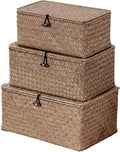 Nonam Seagrass Storage Baskets with Lid Set of 3,Wicker Basket Storage Bin for Shelves,Rectangular,Boho Decor,Handwoven Shelf Basket for Organizing-Storage Container Box for Home Organization-Coffee