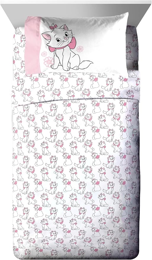Disney Aristocats Marie Twin Comforter Set 5 Piece Kids Bedding, White | Bed in a Bag, Comforter Sheets Sham Pillowcase, Official Brand, Soft Microfiber, Machine Washable, Easy Care, Girls Gift