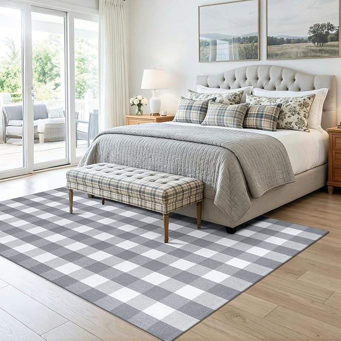 KOZYFLY Buffalo Plaid Area Rug 5x7 Living Room Rug Washable Cotton Gray and White Checkered Rugs Outdoor Carpet for Dining Room Bedroom Farmhouse Patio Rugs