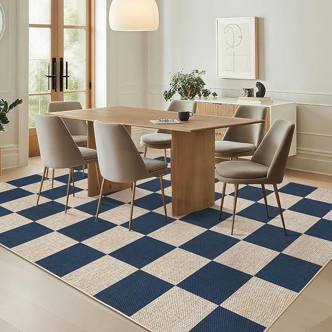 GarveeHome Checkered Easy Jute Area Rug 10x13 Machine Washable Non-Slip Stain Resistant Indoor Outdoor Rugs for Living Room, Bedroom, Kitchen, Dining, Patio Farmhouse Style Navy Blue