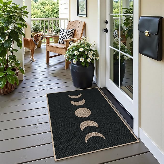 Easy Jute 2x3 Black Moon Area Rug,Washable Entryway Rug, Small Modern Door Carpet,Neutral Non-Slip Outdoor Indoor Farmhouse Rug for Kitchen Patio Entry Porch