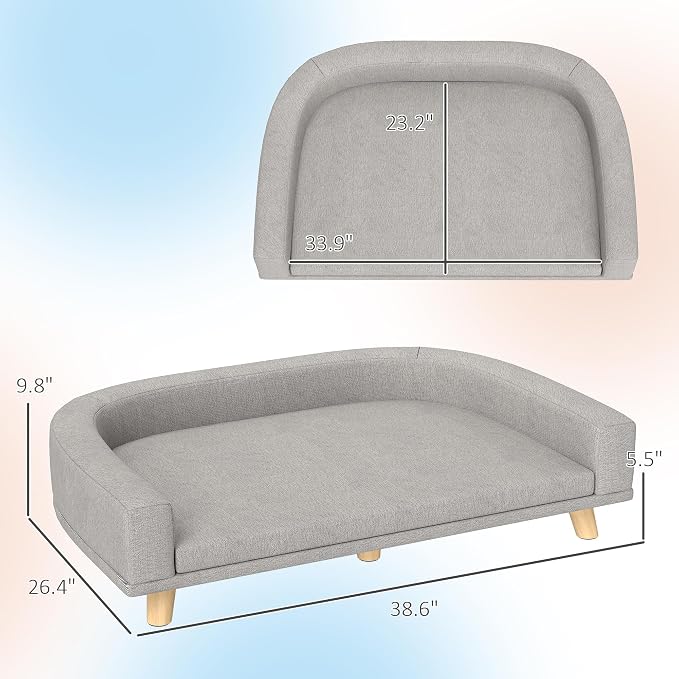 PawHut Dog Sofa Couch, Pet Bed with Comfortable Luxury Cushion, Washable Cover, Wooden Legs, Anti-Slip Mat for Large Dogs, Cats, Kittens, Gray