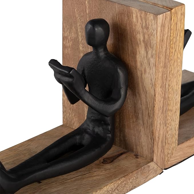 Sagebrook Home Set of 2 Decorative Bookends - Metal & Wood Reader Figurine - Boho Style Bookshelf Decor for Home & Office - 6" Brown & Black