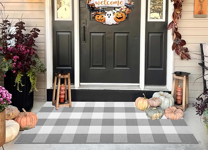 Grey and White Buffalo Plaid Rug 24''x 51''Checkered Outdoor Porch Rug Cotton Woven Machine Washable Farmhouse Mat for Indoor,Outdoor, Kitchen, Farmhouse, Entryway,Bathroom