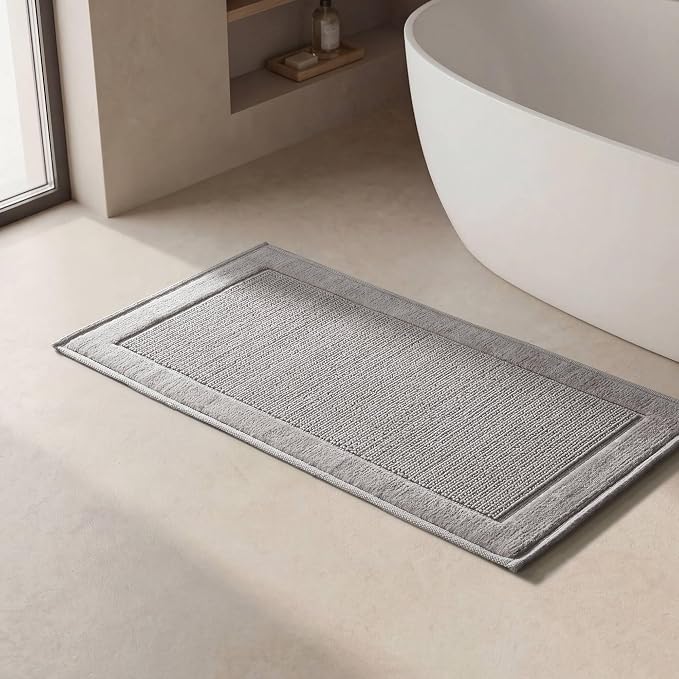 Madison Park Sanctuary 100% Cotton Non-Slip Bath Rug, 24x48 Inch, Grey | Low-Profile Woven Design, Ultra Soft Absorbent & Machine Washable, Ideal for Bathroom Bedroom and Entryway Decor