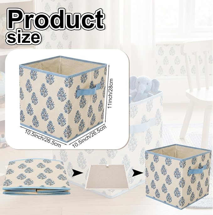 Bokon 6 Pcs 11 Inch Blue Block Print Floral Storage Bins Cube with Handles Blue Flower Fabric Storage Basket Bins Collapsible for Home Office Classroom Shelves Closets Clothes
