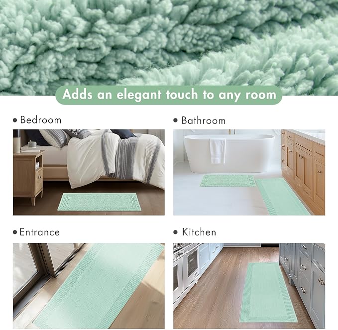 Madison Park Splendor Reversible 100% Cotton Bath Runner, 24 x 72, Green | Tufted Bathroom Rug, 3000 GSM, Hotel Quality, Luxurious Plush, Medium Pile, Absorbent, Quick Dry, OEKO-TEX, Shower Room Décor